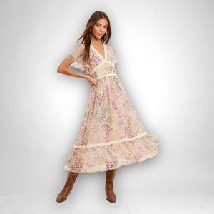 In Loom Floral Chiffon Midi Dress Women's Sz L Lace Smocking Cinch Waist